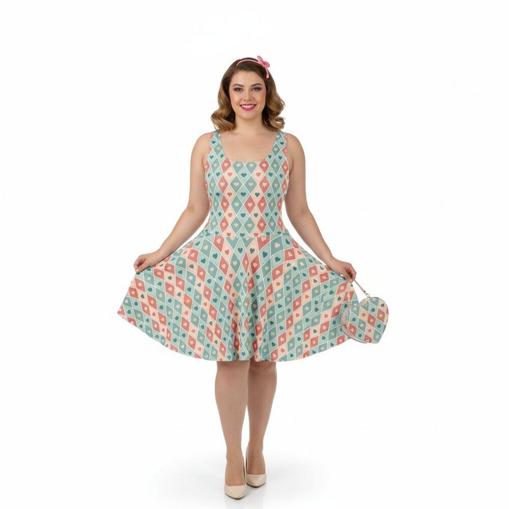 Vintage Pinup Heart Fit & Flare Dress Valentine's Day A-Line Swing - Picture 12 of 14